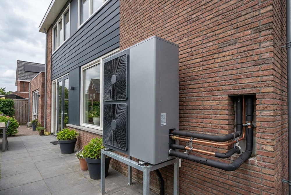 Lucht-water warmtepomp geïnstalleerd aan de gevel van een woning